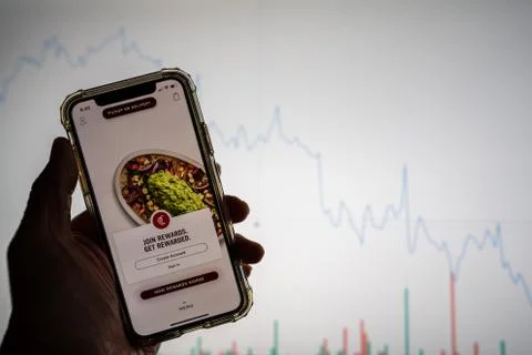 Chipotle mobile app on iPhone in front of white stock market chart with graph Stock Photos