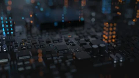 Chips and electronic components on a printed circuit board Stock Photos