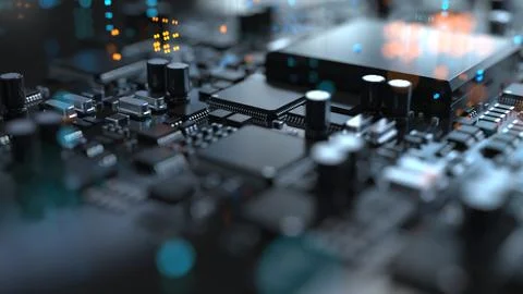 Chips and electronic components on a printed circuit board Stock Photos