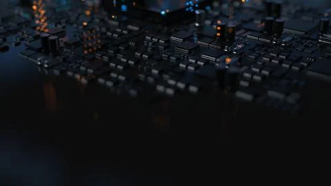 Chips and electronic components on a printed circuit board Stock Photos