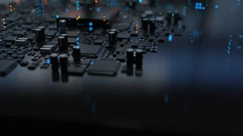 Chips and electronic components on a printed circuit board Stock Photos