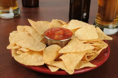 Chips and salsa with beer Stock Photos