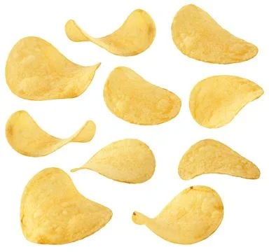 Chips collection. Potato chips in different position and angle isolated on white Stock Photos
