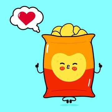 Chips doing yoga with speech bubble. Vector hand drawn cartoon kawaii chara.. Illustrazione stock