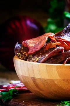 Chips from the dried meat, selective focus Stock Photos