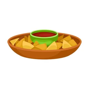 Chips nachos with red sauce. Vector illustration on white background. Illustrazione stock