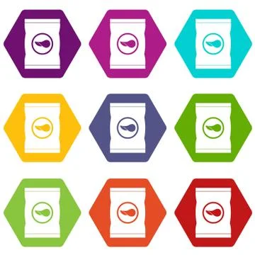 Chips plastic bag icon set color hexahedron Stock Illustration