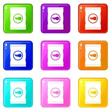 Chips plastic bag icons 9 set Stock Illustration