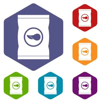 Chips plastic bag icons set hexagon Stock Illustration