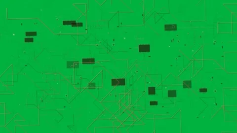 Chips pulsing, copper traces extending and linking nodes, forming network on Stock Footage 333630247