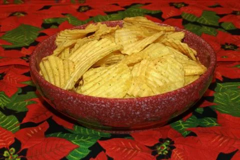 Chips In Red Spotted Dish. Stock Photos