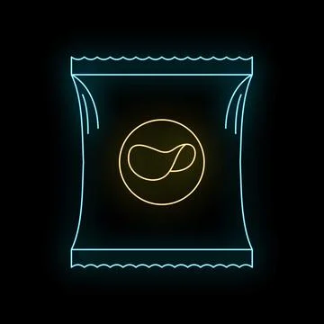 Chips snack bag glowing neon blue yellow line icon Stock Illustration