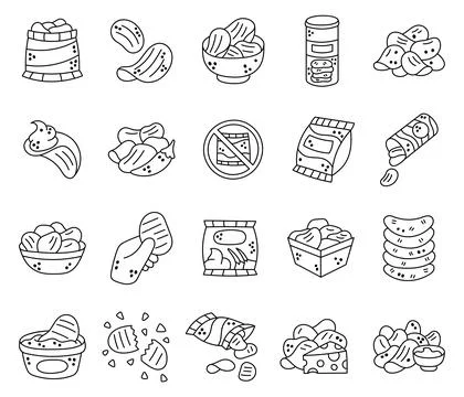 Chips snack set in outline line art Stock Illustration