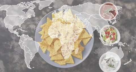 Chips sparking wireframe map emerging with hex patterns linking continents for Stock Footage 317773437