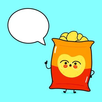 Chips with speech bubble. Vector hand drawn cartoon kawaii character illust.. Stock Illustration