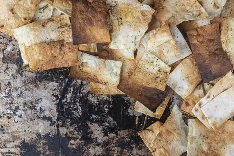 Chips from thin dough background copy space Stock Photos