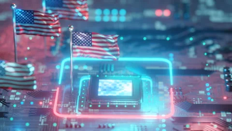 Chipset and USA flag for semiconductor industry, 3d rendering Stock Footage 255687758