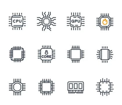 Chipset, cpu line icons, microchip, 8 core processor, microcircuit Stock Illustration
