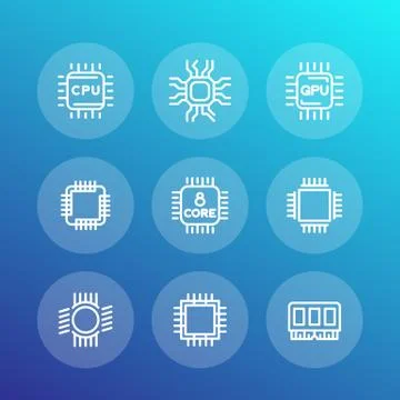 Chipset, cpu line icons set, microchip, gpu, 8-core processor, vector illustr Stock Illustration