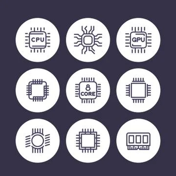 Chipset, cpu line icons set, microchip, gpu, 8-core processor pictograms over Stock Illustration