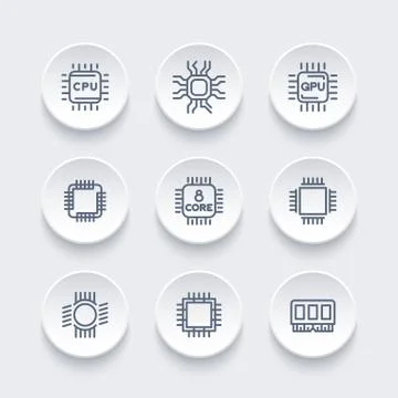 Chipset, cpu line icons set, microchip, gpu, multi-core processor Stock Illustration