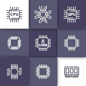 Chipset, cpu line icons set, microchip, 8-core processor, gpu Stock Illustration