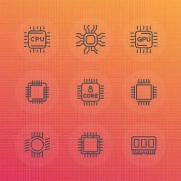 Chipset, cpu line icons set, microchip, gpu, 8 core processor, memory chip ve Stock Illustration
