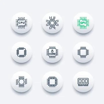 Chipset, cpu, microchip, gpu, 8-core processor line icons set Stock Illustration