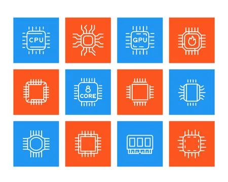 Chipset, microchip, cpu line icons set Stock Illustration