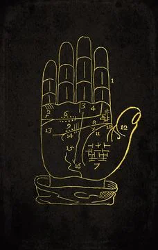 Chiromancy Palm Diagram with Complex Grid Symbols and Numbered Markings Stock Illustration