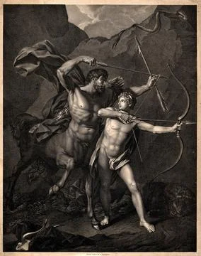 Chiron the centaur teaching Achilles to use a bow and arrow. Lithograph aft.. Stock Illustration