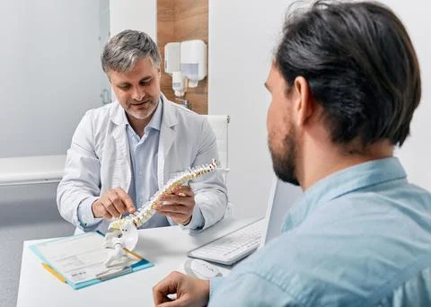 Chiropractor explaining backbone problems using anatomical model of spine to  Foto stock