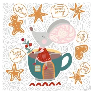 Chirstmas vector cartoon mouse in a flat style. Stock Illustration