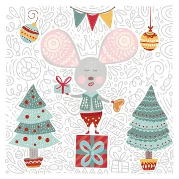 Chirstmas vector cartoon mouse in a flat style. Stock Illustration