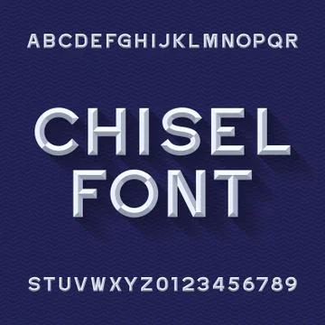 Chisel Alphabet Vector Font. Type letters and numbers. Blue wave background. Stock Illustration