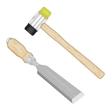 Chisel and mallet isolated on white background. Rubber hammer and chisel. Stock Illustration