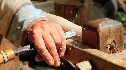 Chisel and small block plane with wood shavings. Carpenter cabinet maker hand Stock Photos