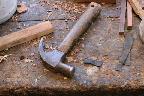 Chisel and small block plane with wood shavings. Carpenter cabinet maker hand Stock Photos