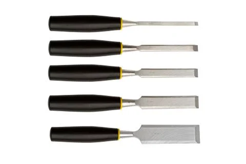 Chisel closeup isolated on white background. Wood working hand tool used by C Stock Photos