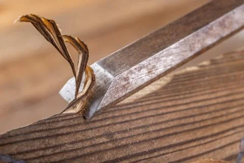 Chisel work in wood and raw wood shavings. Tools and accessories in a carpent Stock Photos