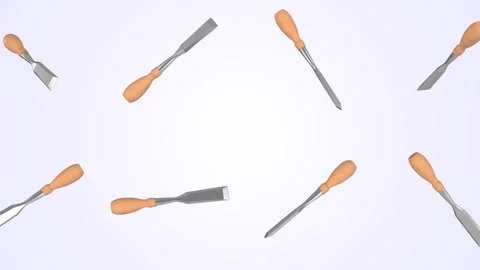 Chisels Falling on a Light Blue Background. Wood Chisels 3D Animation. 4K Stock Footage 310192022