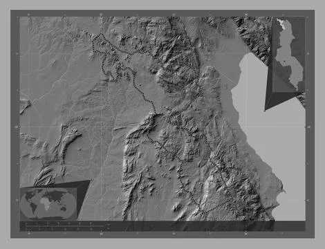 Chitipa, Malawi. Bilevel elevation map with lakes and rivers Stock Illustration