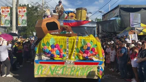 Chiva-type staircase bus decorated with traditional Huila elements Stock Footage 278621918