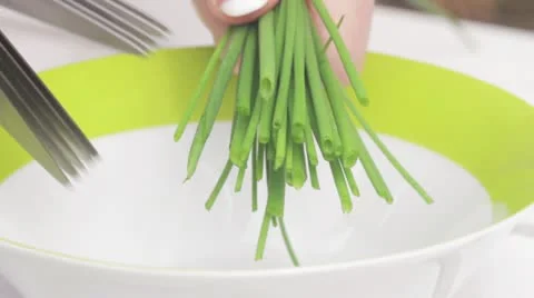 Chives being cut with a pair of herb scissors Stock Footage 24672289