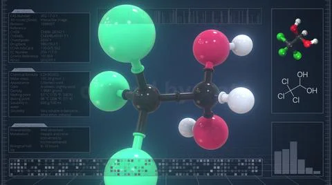 Chloral hydrate molecule with description on the computer screen, 3d rendering Illustrazione stock