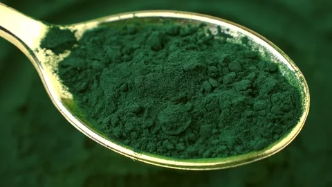 Chlorella or spirulina algae green powder in spoon with circle rotation close up Stock Footage 303915343
