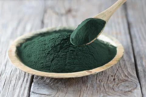 Chlorella single celled green algae. Detox superfood on the wooden plate Stock Photos