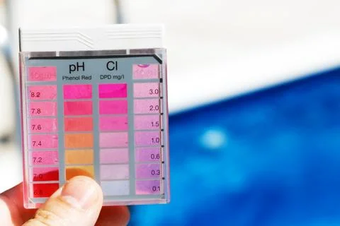 Chlorine and ph testing in pool water Stock Photos