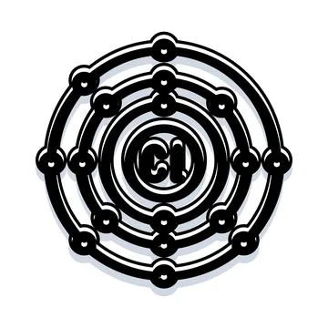 Chlorine atom bohr model electrons orbiting nucleus Stock Illustration