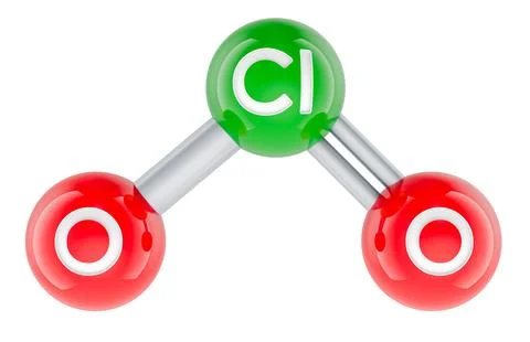 Chlorine dioxide ClO2 molecule model. 3D rendering Ilustração Stock